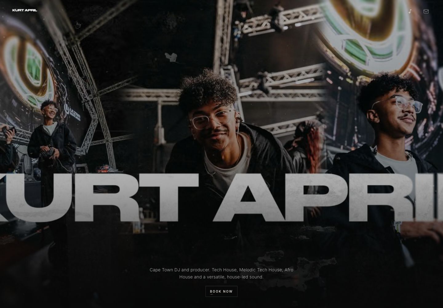Kurt April website homepage with artist presentation and booking navigation